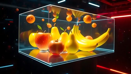 A composition of fruits are displayed in a glass cube