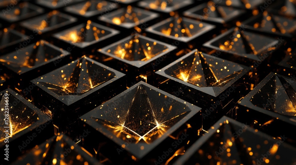 Poster geometric grid with gold illuminated pyramids on black background texture