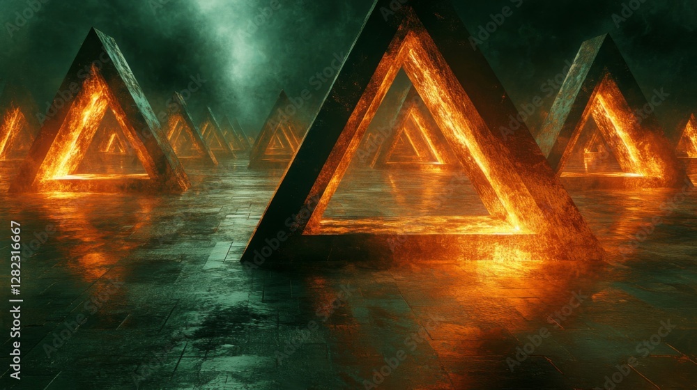 Poster abstract metallic triangular structures glowing on reflective surface in dark room