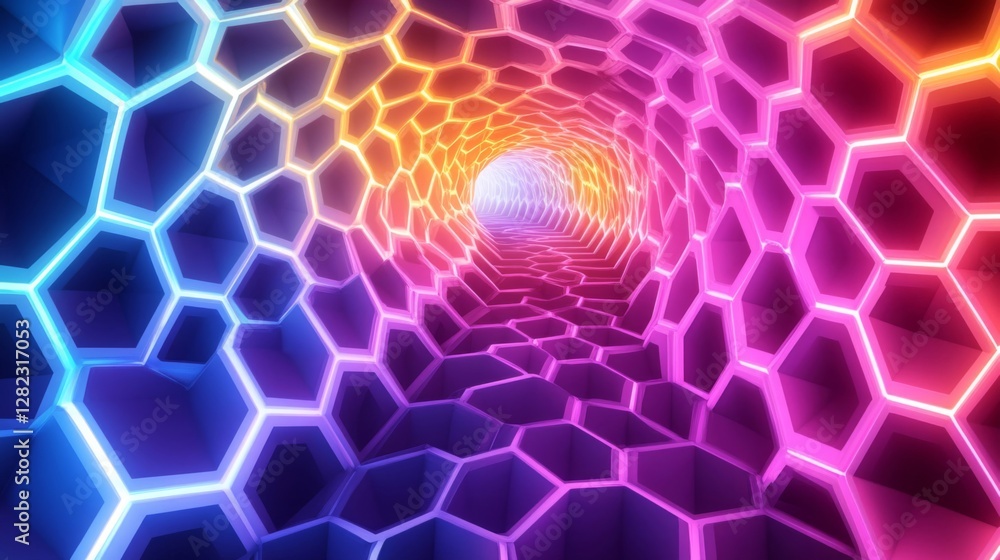 Poster abstract geometric tunnel with vibrant light spectrum honeycomb pattern