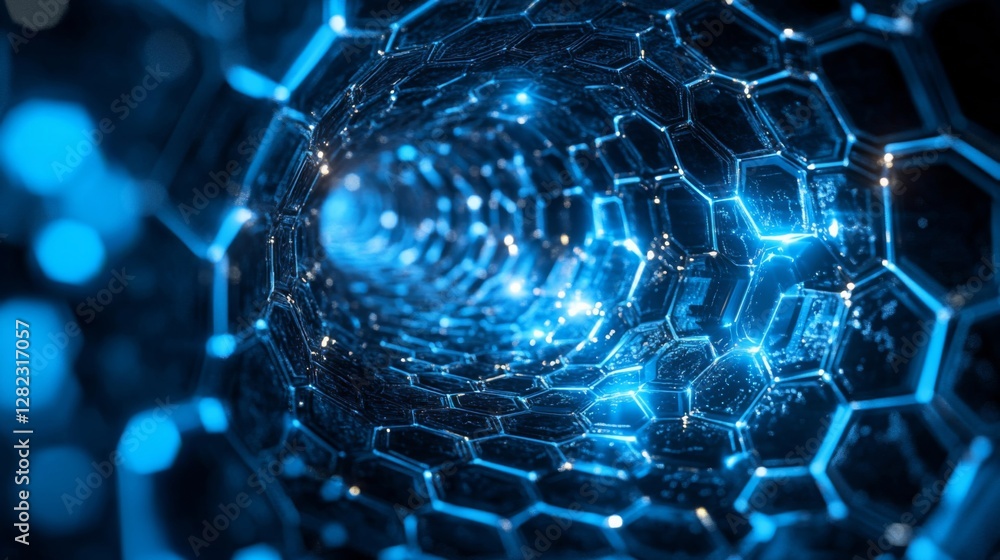 Poster abstract blue geometric tunnel with glowing lights and hexagonal structure