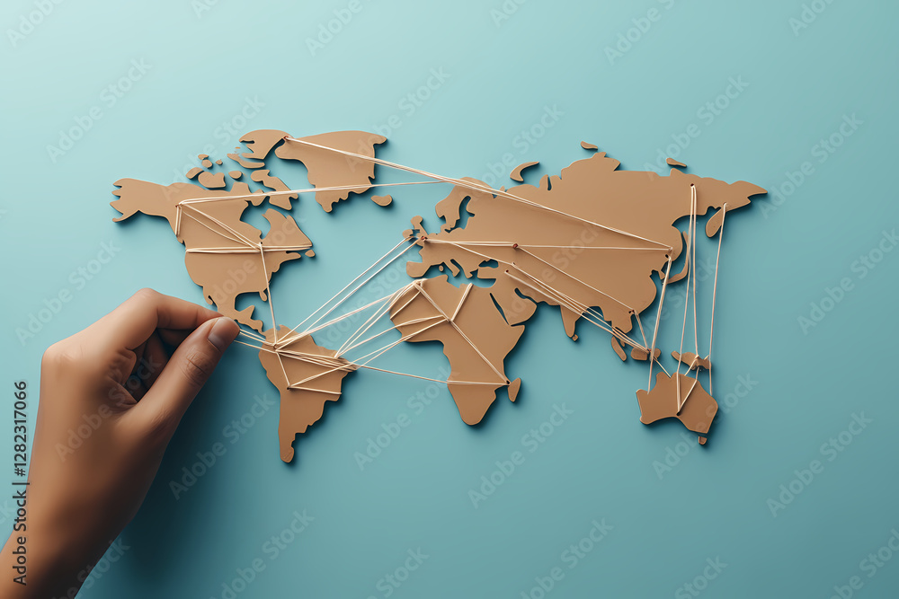 Poster global network connection: a hand delicately connects the intricate network of a world map, symboliz