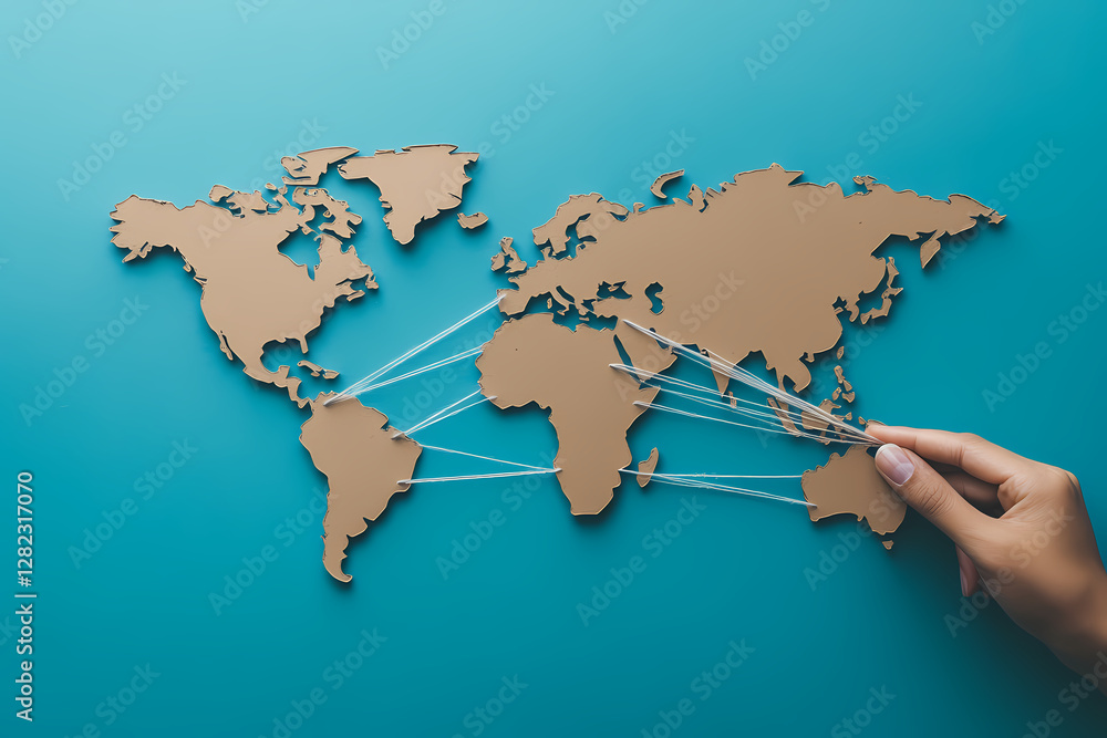Poster global connectivity: a person's hand delicately traces interconnected lines across a stylized cardbo