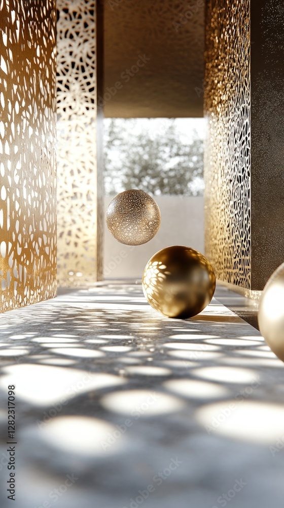 Poster golden spheres and abstract design inside building with artistic patterns. shadows and sunlight crea