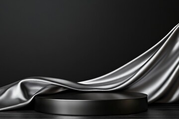 Black cylindrical podium draped with silver silk fabric on dark background.