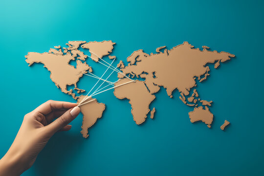 Global Connections: A conceptual image showcasing a world map with connecting lines, symbolizing global networks and international relations, with a hand making connection.