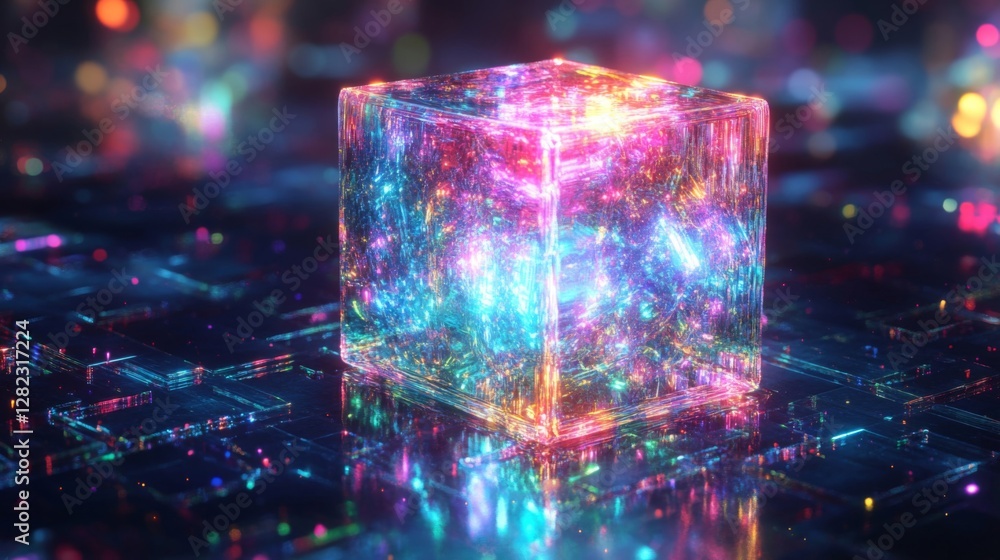 Poster abstract glowing multicolored cube floating above a reflective dark surface