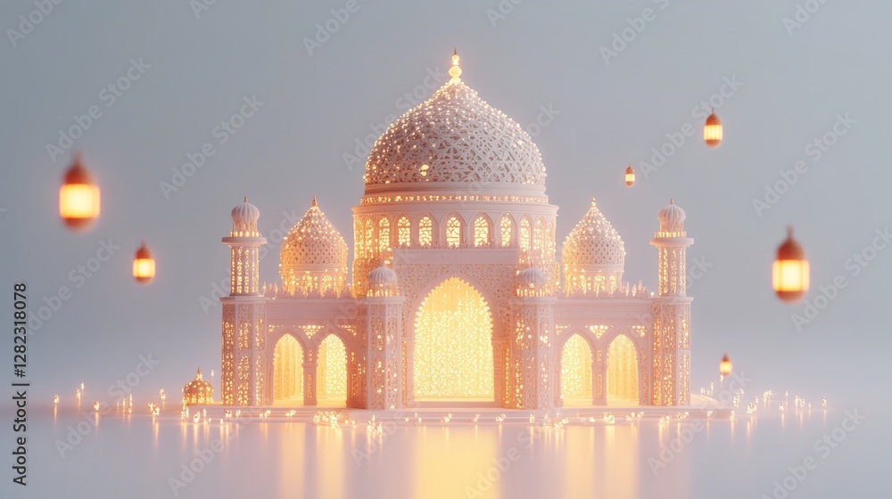 Poster illuminated building model with warm lights and reflections on a white surface. features glowing lan