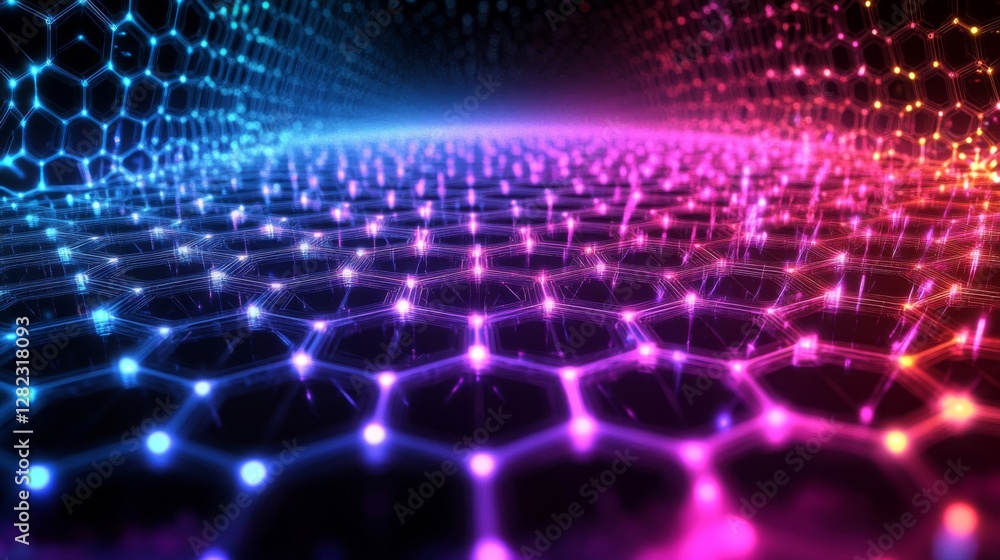 Poster abstract hexagonal network background with glowing blue pink and red colors
