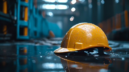 Industrial Safety: A close-up of a yellow safety helmet resting on a wet, reflective surface within an industrial environment, signifying the importance of workplace safety.