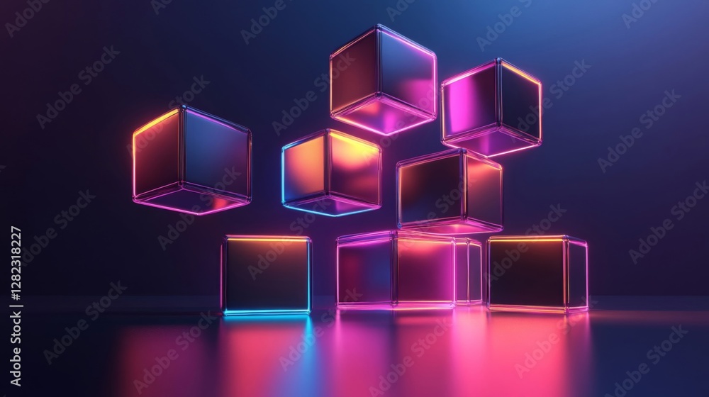 Poster abstract cubes floating in a neon lit space with geometric shapes and metallic texture