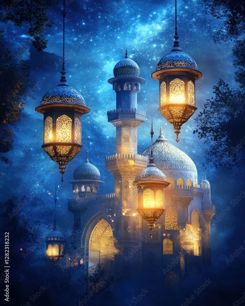 Poster ornate structure illuminated with lanterns against a starry night sky. detailed architecture and vib