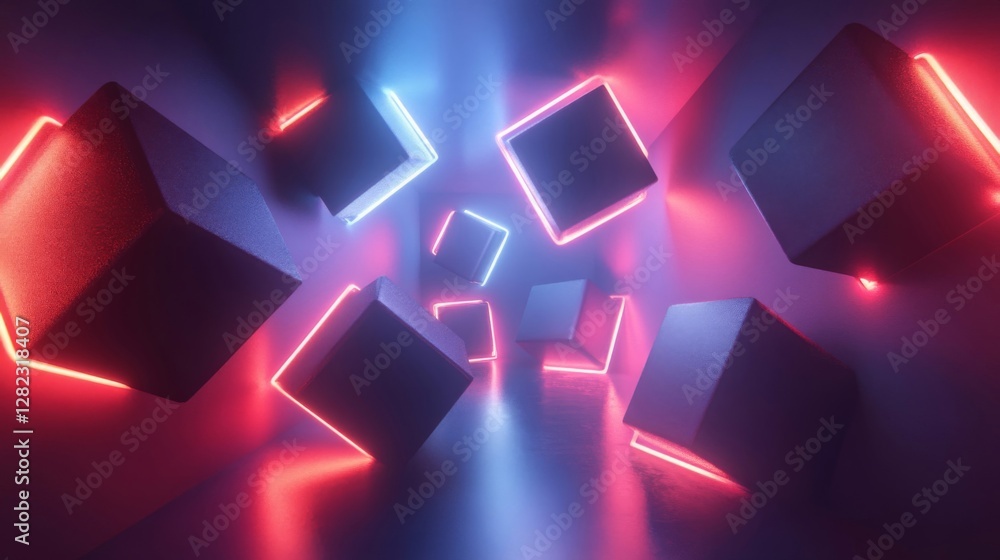 Aufkleber illuminated cubes with neon outlines on dark reflective surface abstract render