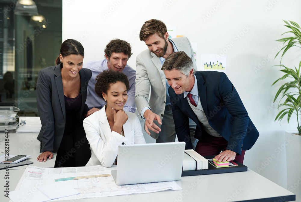 Poster business people, meeting and pointing with laptop or blueprint for architectural planning or develop