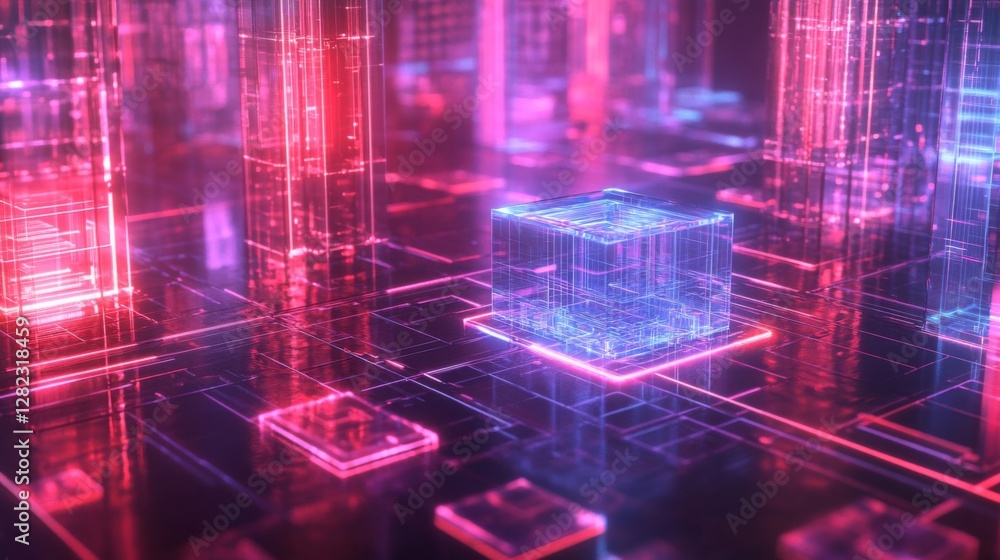 Poster abstract futuristic network with glowing neon grid and geometric structure
