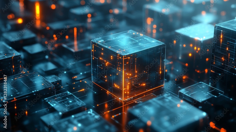 Poster abstract circuit board cube with digital network connections in blue and orange