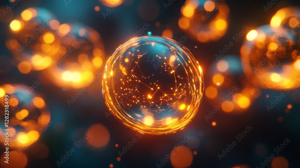 Poster glowing abstract spheres in deep teal backdrop with golden particle bokeh