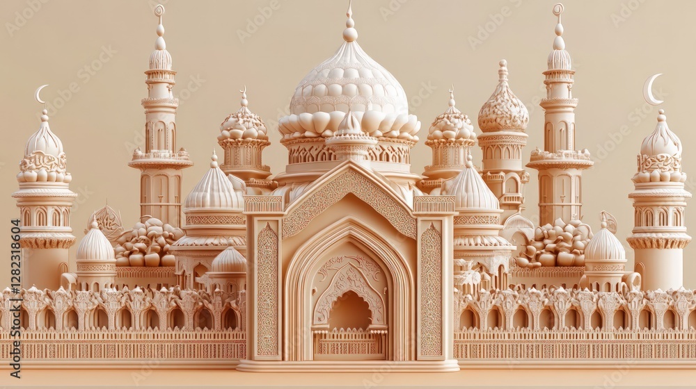 Poster detailed architectural model of a light-colored building featuring domes minarets intricate carvings