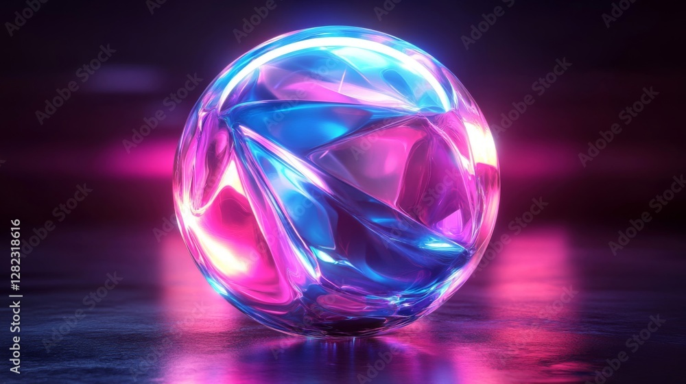 Poster abstract sphere with neon glowing light effect in dark background