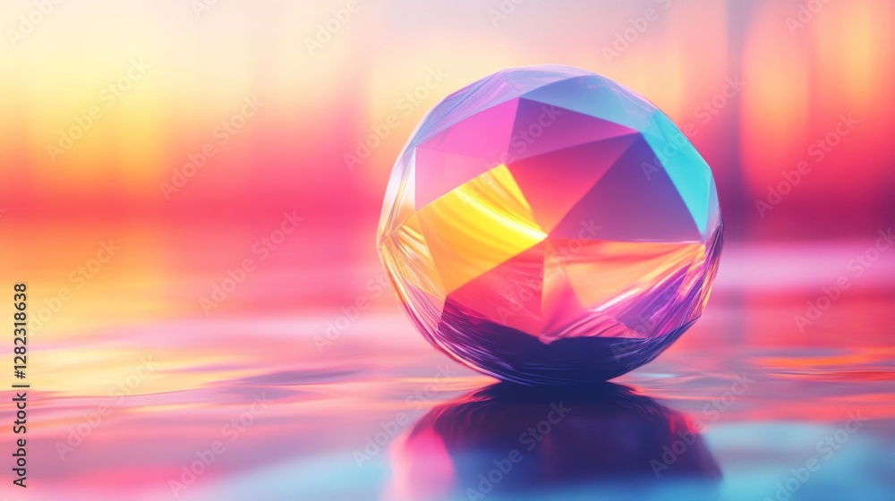 Poster iridescent geometric sphere with polygonal facets and soft reflection on a glossy surface