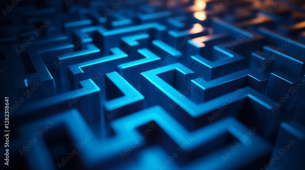 Poster abstract blue maze labyrinth puzzle with complex geometric patterns and metal texture