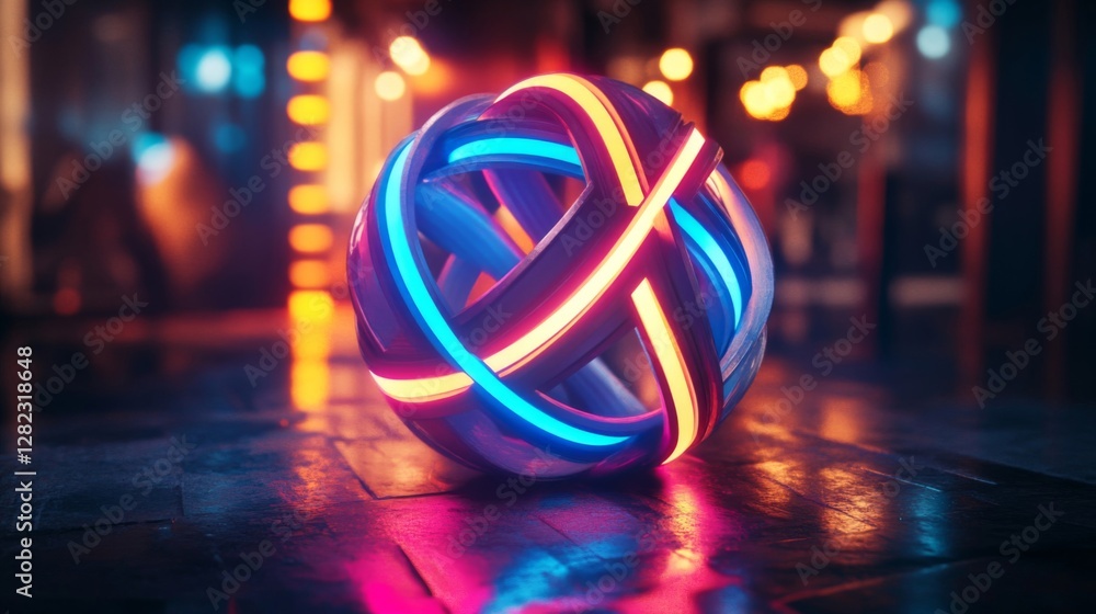 Poster illuminated sphere with intertwined neon bands on dark wet ground with bokeh lights