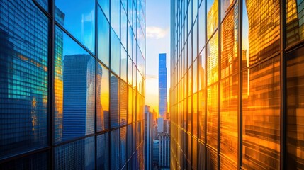 Sunset reflecting on modern cityscape skyscrapers.