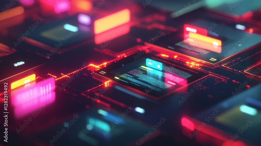 Poster futuristic cyber security system protecting digital information with glowing screens displaying data