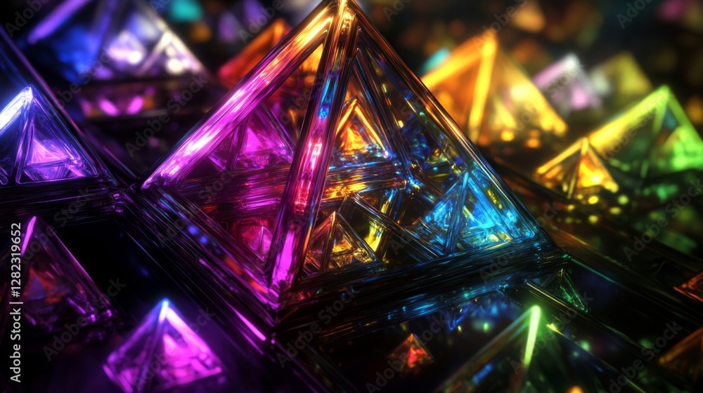 Poster abstract geometric arrangement of colorful illuminated triangular polyhedrons