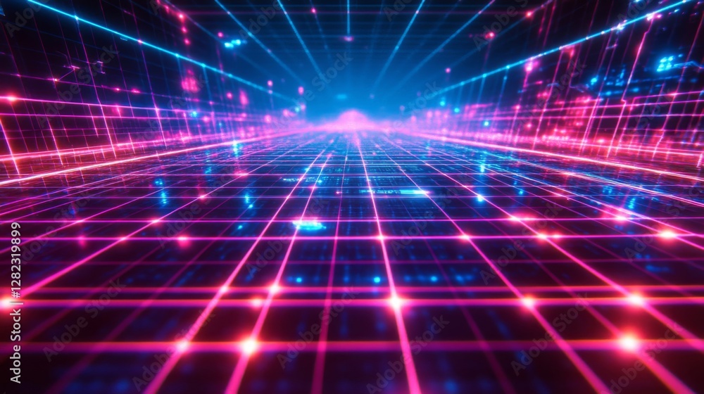 Poster abstract grid with glowing neon lines in a cyberpunk technology background