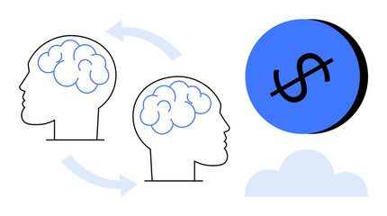 Two human brains with arrows indicating exchange or communication, leading to a blue dollar sign in a circle. Ideal for business, wealth creation, finance, innovation, collaboration, communication