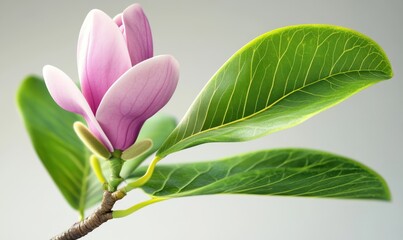 Obraz premium A close-up of a blooming pink magnolia flower with vibrant green leaves against a soft background