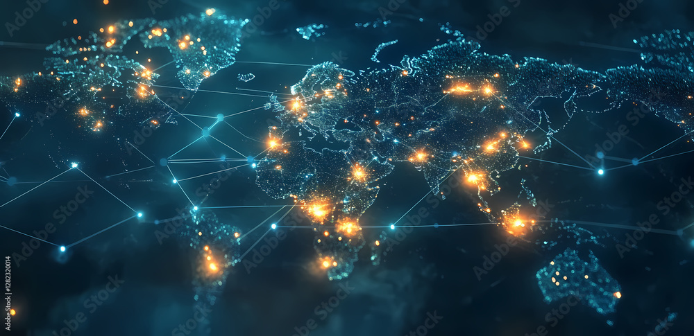 Poster global network connectivity: the image unveils a mesmerizing, detailed map of the world, interlaced 