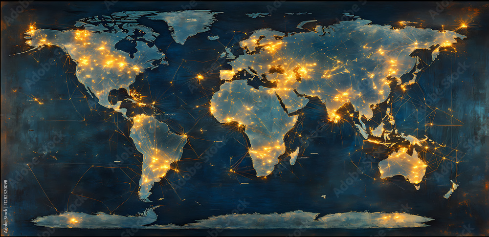 Poster global connectivity: illuminated cities light up a detailed world map, visualizing the interconnecte