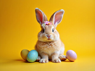 Fototapeta premium Adorable Fluffy Easter Bunny in a Festive Atmosphere with Soft Lighting and Realistic Details