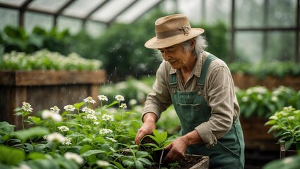 Gardener tending to plants in a greenhouse during a rainy day