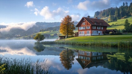 Fototapeta premium Lakeside house reflection at sunrise.