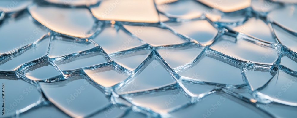 Poster shattered glass texture with soft reflections and gentle colors creating an abstract background, ide