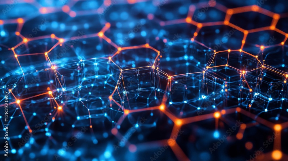 Poster abstract network with glowing orange nodes and blue lines on dark background