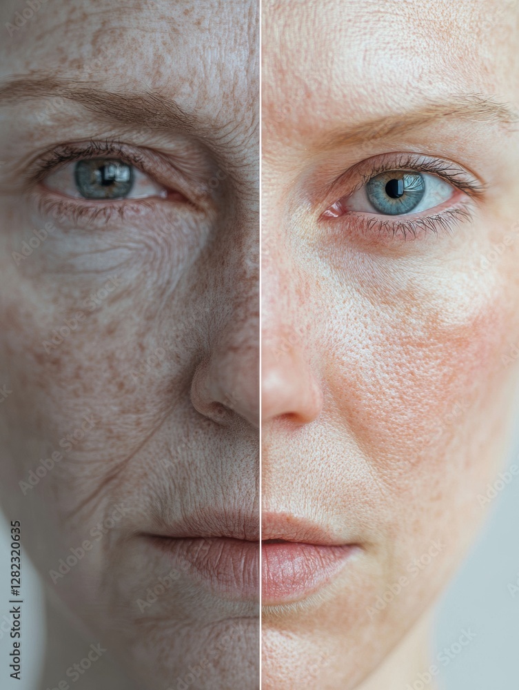 Poster transformation of skin texture showcasing aging on the left and rejuvenation on the right. generativ