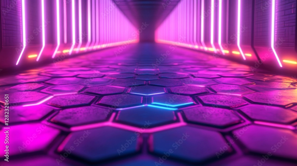 Aufkleber neon lit tunnel with hexagonal floor in cyberpunk style with vibrant colors