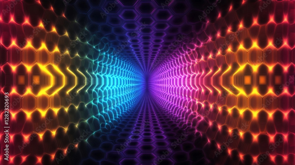Poster abstract geometric tunnel with glowing hexagons and vibrant gradient colors