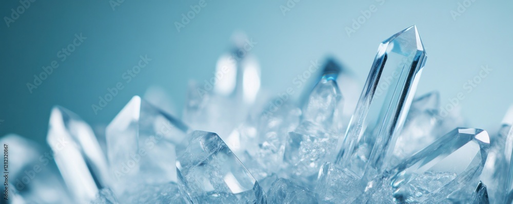 Poster crystal texture with shimmering facets and vibrant reflections on a soft blue background, showcasing