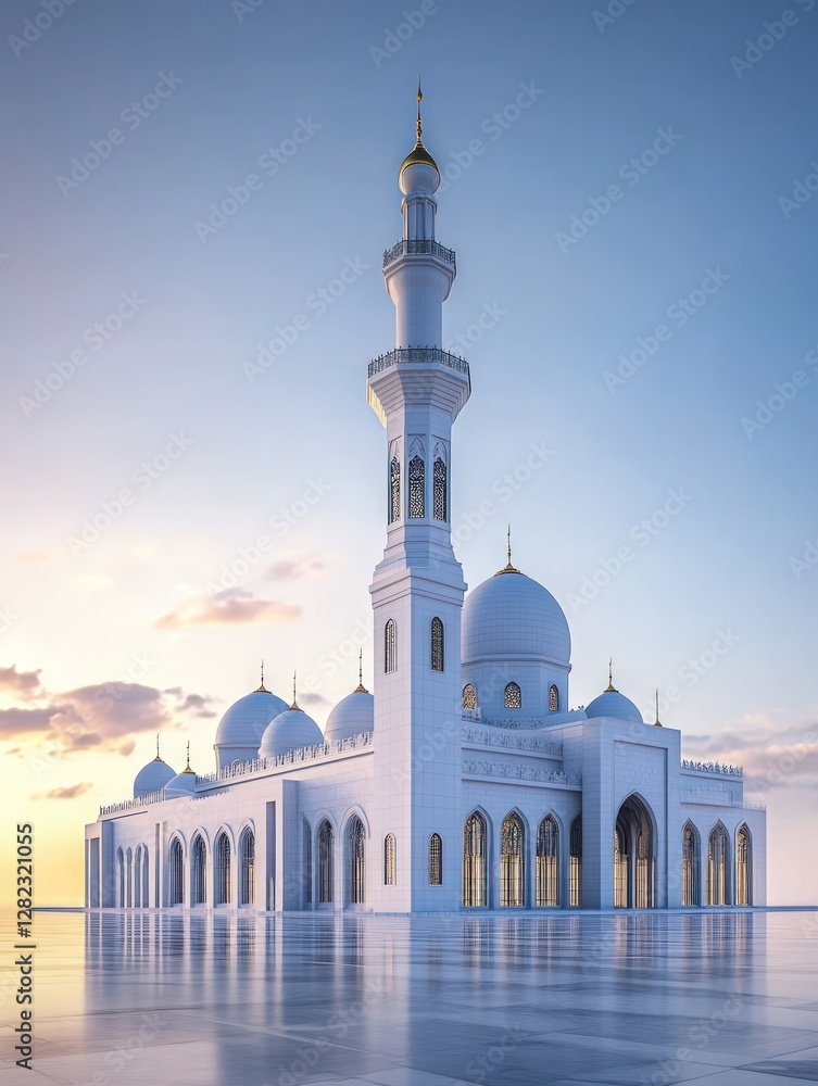 Poster grand white structure with multiple domes and minarets reflecting on a calm surface under a serene g