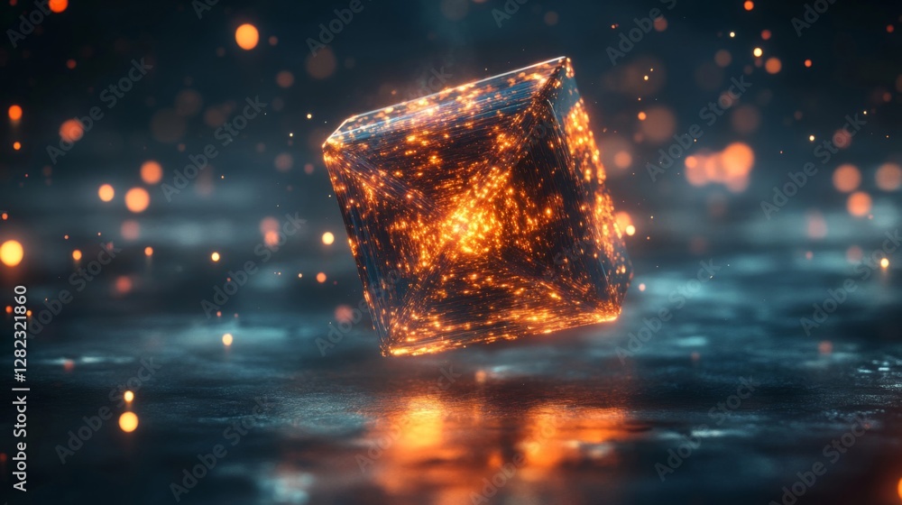 Poster abstract glowing orange cube floating on reflective surface in dark background
