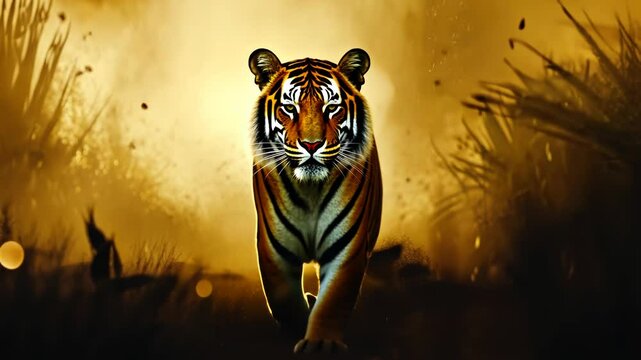 Majestic tiger emerging from a fiery, golden explosion in tall grass.