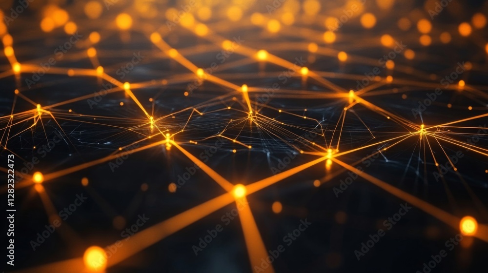 Poster orange network connection on dark backdrop with glowing nodes artificial intelligence
