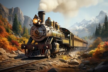 Obraz premium A classic steam locomotive chugging through a mountainous area