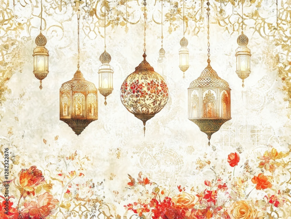 Poster decorative lanterns and floral patterns adorn a textured background creating a warm and inviting atm
