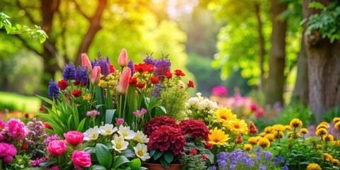 Vibrant floral arrangement in a lush garden amidst greenery and trees, showcasing a mix of colorful blooms , garden design, colorful plants